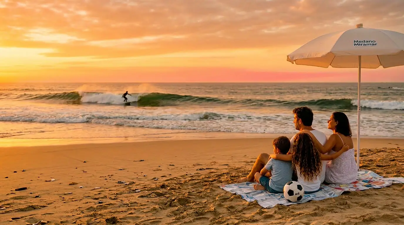 Familia disfrutando de la playa de Miramar bajo una sombrilla